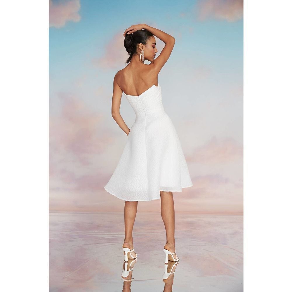 Theia White Strapless Textured A-Line Midi Dress